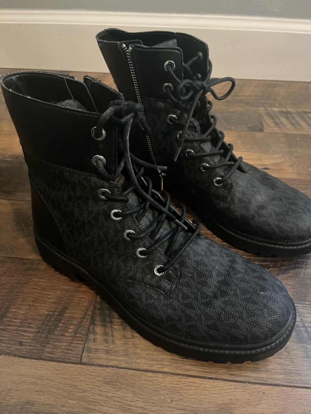 Michael Kors Black Logo-Print Lace-Up combat Boots